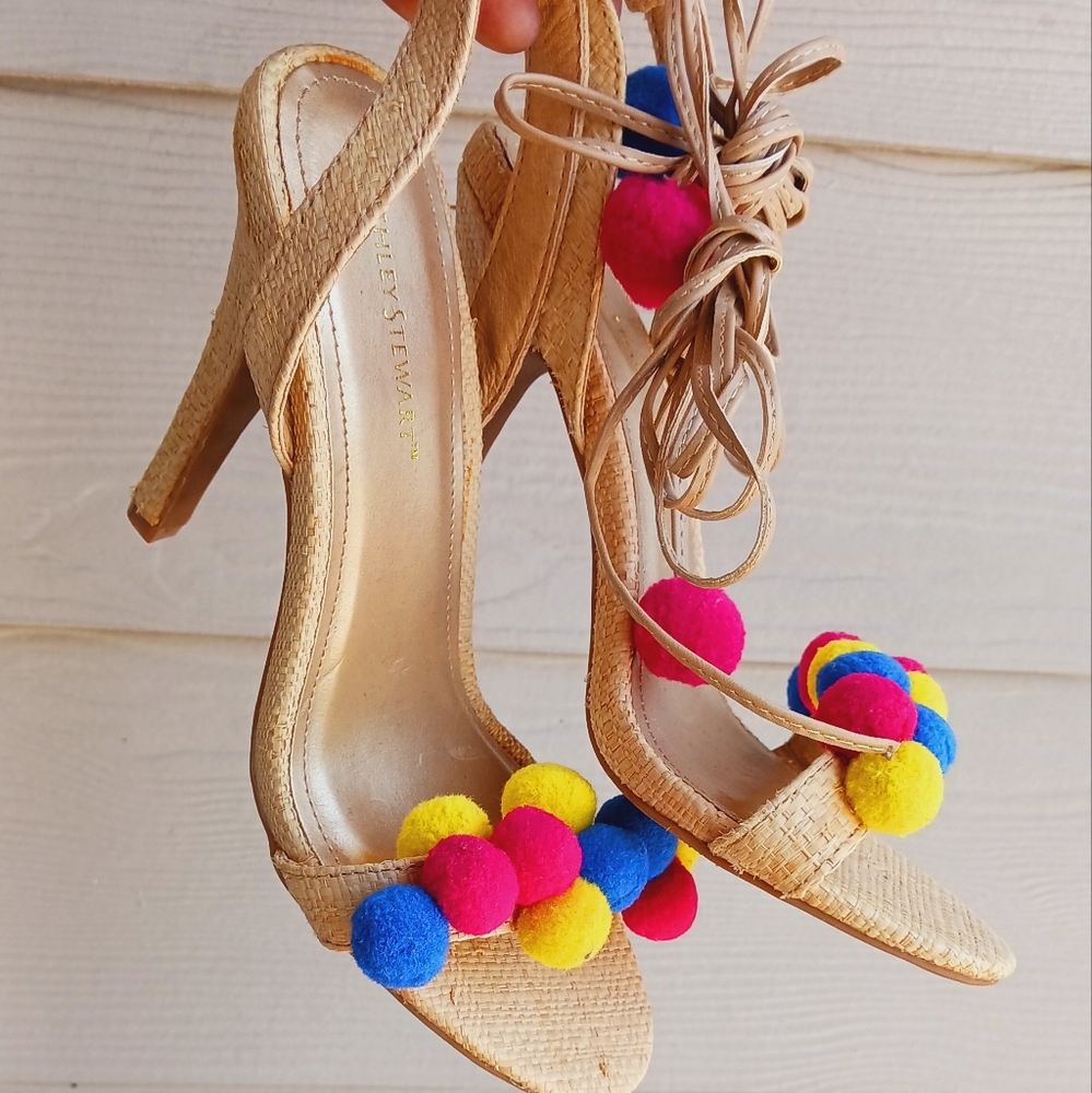 Ashley Stewart pom pom tie up open toe heels